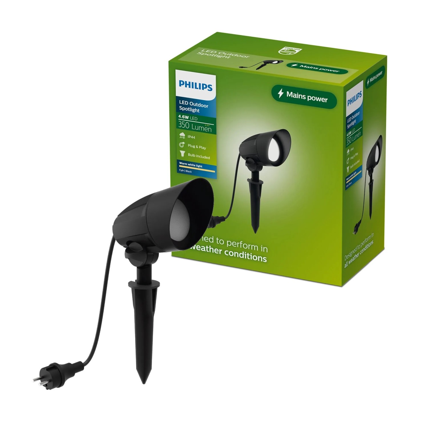 Schwarze Philips Cylr LED-Gartenstrahler Erdspießleuchte mit Stecker und Verpackung.