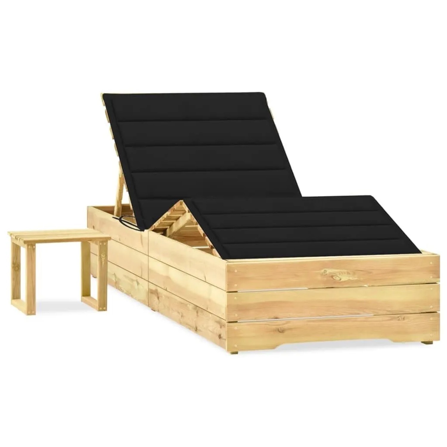 Furnicato Garten-sonnenliege Aus Imprägniertem Kiefernholz Mit Tisch Und Auflage 198x90x 30-75  Cm Schwarz
