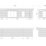 Technische Zeichnung: Palmako Holz-Gartenhaus mit Pultdach, dunkelgrau lackiert, Maße und Ansichten.