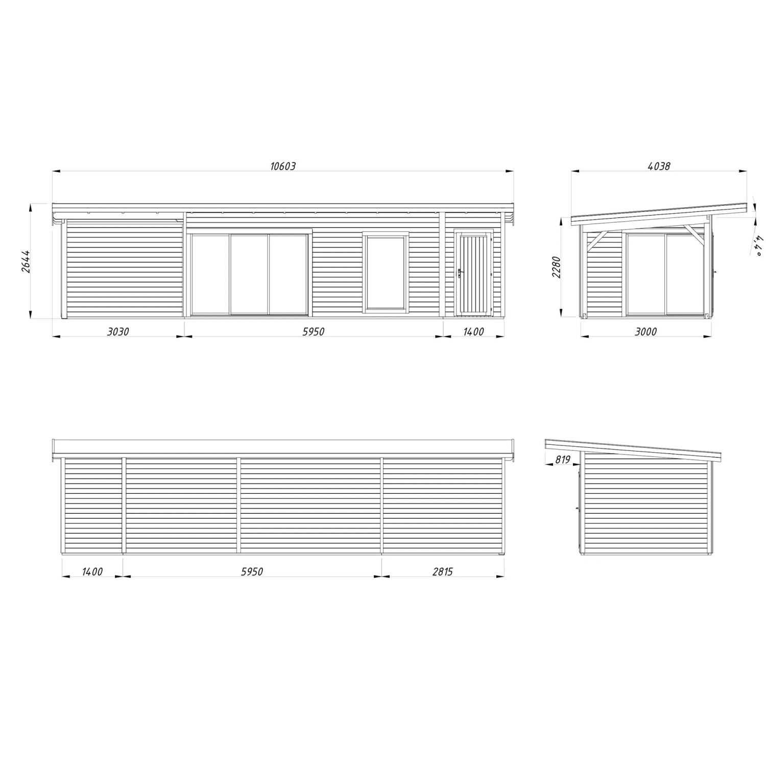 Technische Zeichnung: Palmako Holz-Gartenhaus mit Pultdach, dunkelgrau lackiert, Maße und Ansichten.