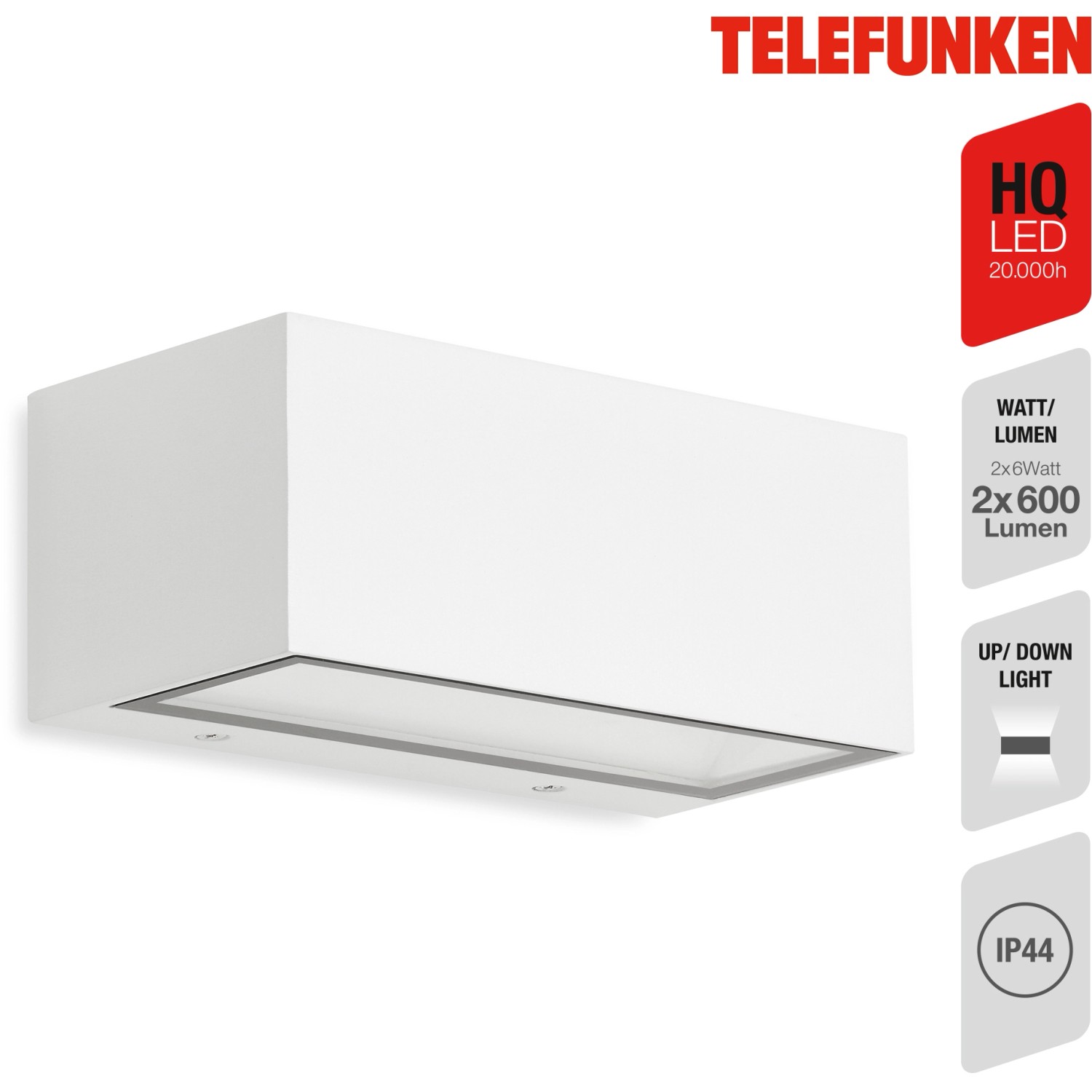 Weiße Telefunken LED-Außenleuchte Monaco, 2x6W, für die Wandmontage. Up- und Downlight.