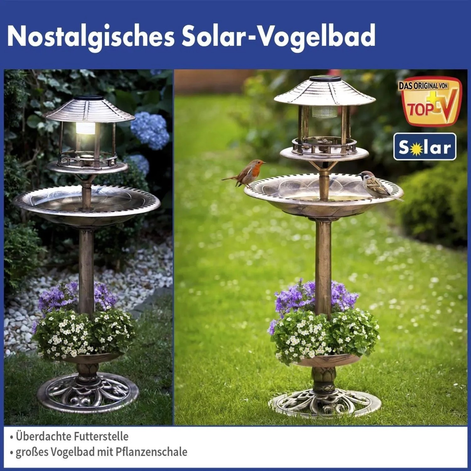 Bronze-farbenes Westfalia Solar Vogelbad 4-in-1 aus Metall. Multifunktionale Vogeltränke mit Brunnen, Futterstelle und Pflanzschale.