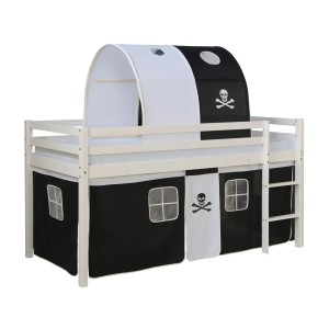 Weißes Homestyle4u Hochbett 90x200 mit Piraten-Vorhang und Tunnel.