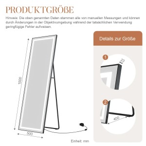 Aquabatos LED Ganzkörperspiegel, 50x150cm, mit schwarzem Rahmen und Standfuß. Ankleidespiegel mit Beleuchtung.