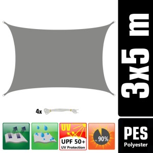 Graues, rechteckiges AMANKA Polyester Sonnensegel 5x3m mit Seilen. Wasserdicht, UV-Schutz für Terrasse & Garten.
