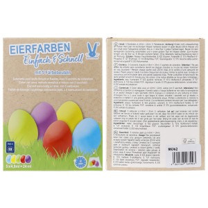 Eierfarben Set mit 5 Farben (Blau, Gelb, Grün, Rot, Violett) zum einfachen Ostereier färben.