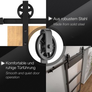 Schwarzes SOTECH Rollen Set CHAMBER aus Stahl für Schiebetüren, seitliche Montage, Ø 120 mm. Zeigt Laufrollen und Schiene.