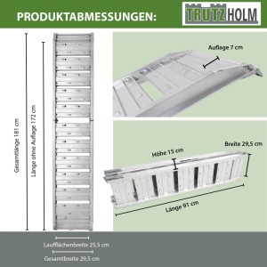 TRUTZHOLM Auffahrrampe, klappbar, 180 cm, 200 kg, Maße und Details.