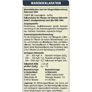 Compo Bio Universal-Erde torffrei, 2040L, Palette: Detailansicht der Inhaltsangabe und Zusammensetzung.