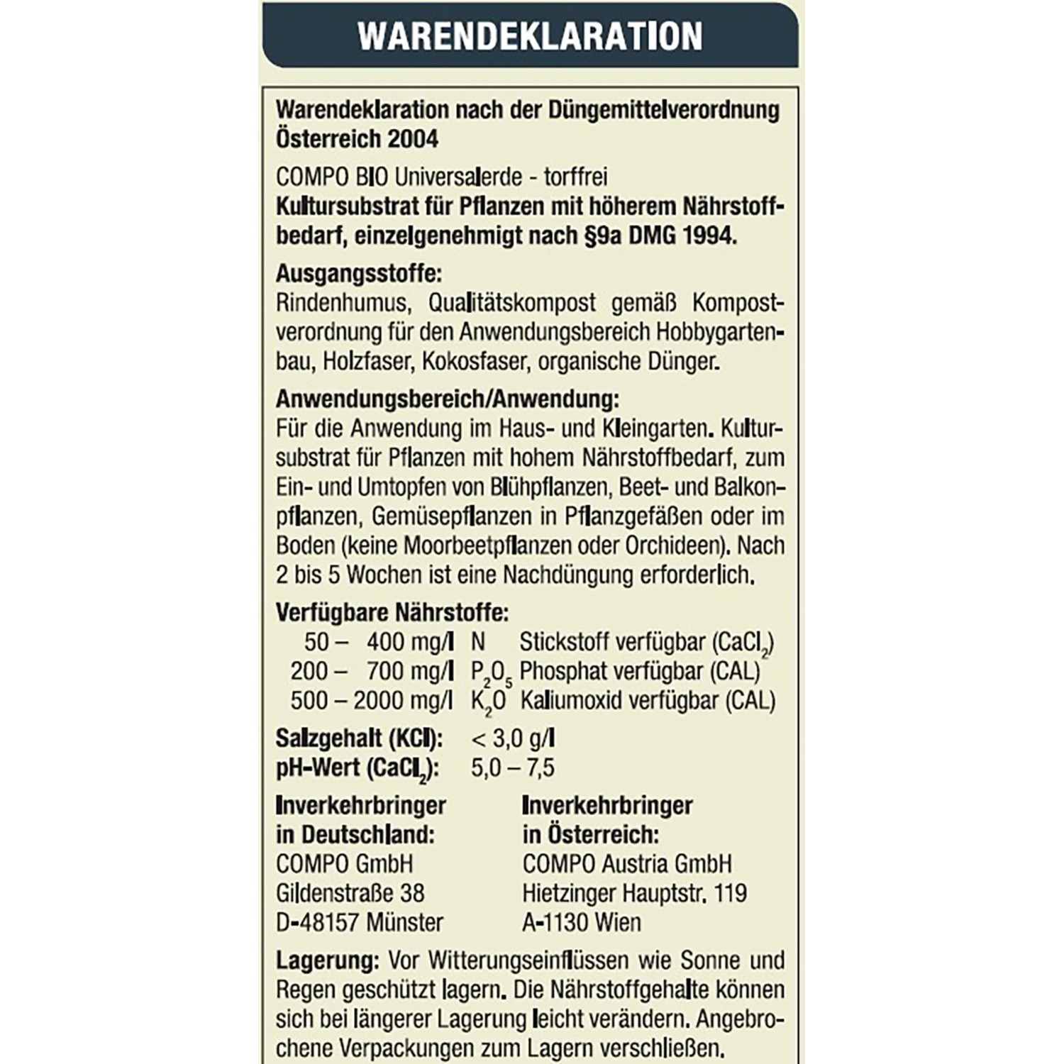 Compo Bio Universal-Erde torffrei, 2040L, Palette: Detailansicht der Inhaltsangabe und Zusammensetzung.