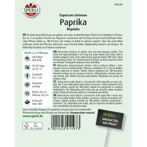 Sperli Paprika Biquinho Samenpackung mit gelben und roten Chili-Tropfen.