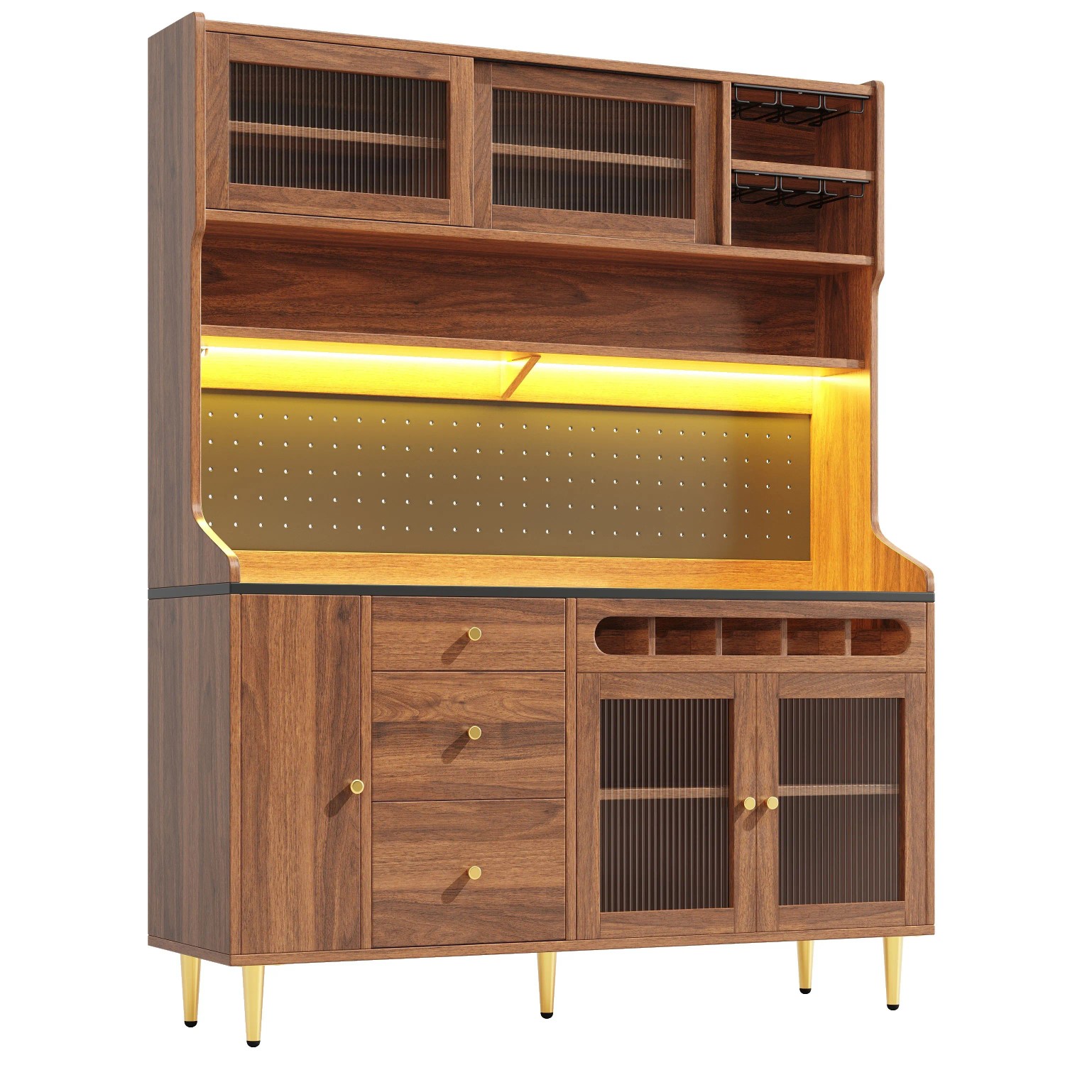 Merax Küchenschrank 145x39x171 cm Walnuss LED Weinregal Verstellbare Böden