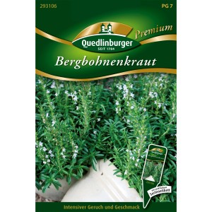 Quedlinburger Berg-Bohnenkraut Saatgut: Packung mit Bohnenkraut-Pflanze und kleinen weißen Blüten.