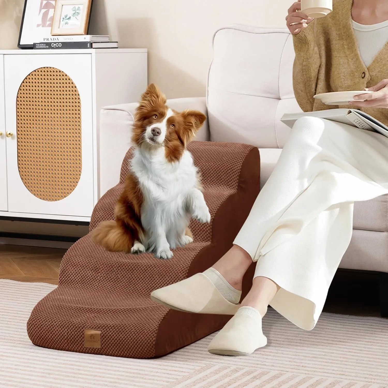 Costway braune 4-Stufen Hundetreppe aus rutschfestem Schaumstoff, mit Hund am Sofa. Ideal für kleine Haustiere.
