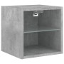 Betongrauer TV-Wandschrank mit Glasablage, Teil eines 2er Sets mit LED-Beleuchtung.