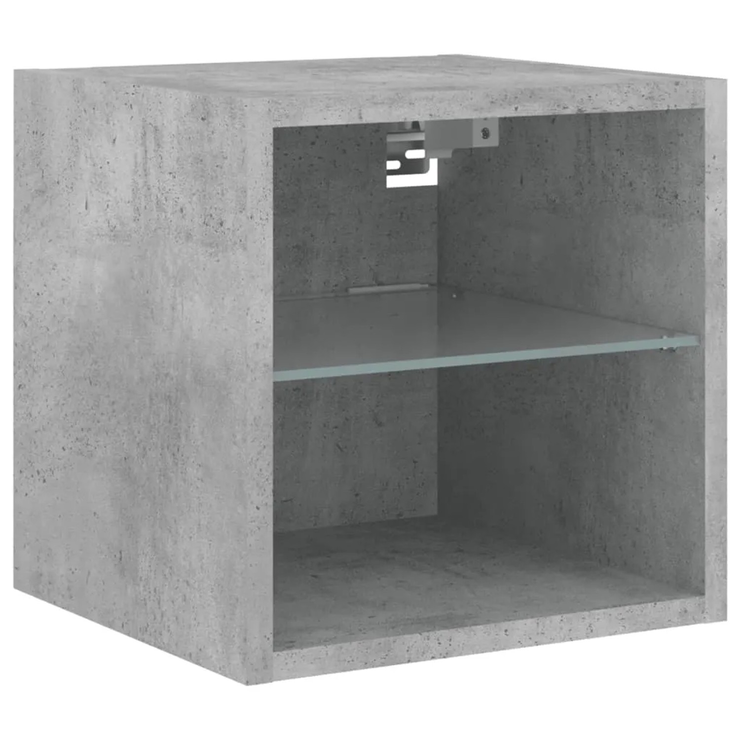 Betongrauer TV-Wandschrank mit Glasablage, Teil eines 2er Sets mit LED-Beleuchtung.