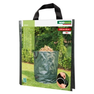 Windhager Garten Bag (68x75cm, 270l) aus robustem PE-Gewebe mit Tragegriffen, gefüllt mit Gartenabfällen.