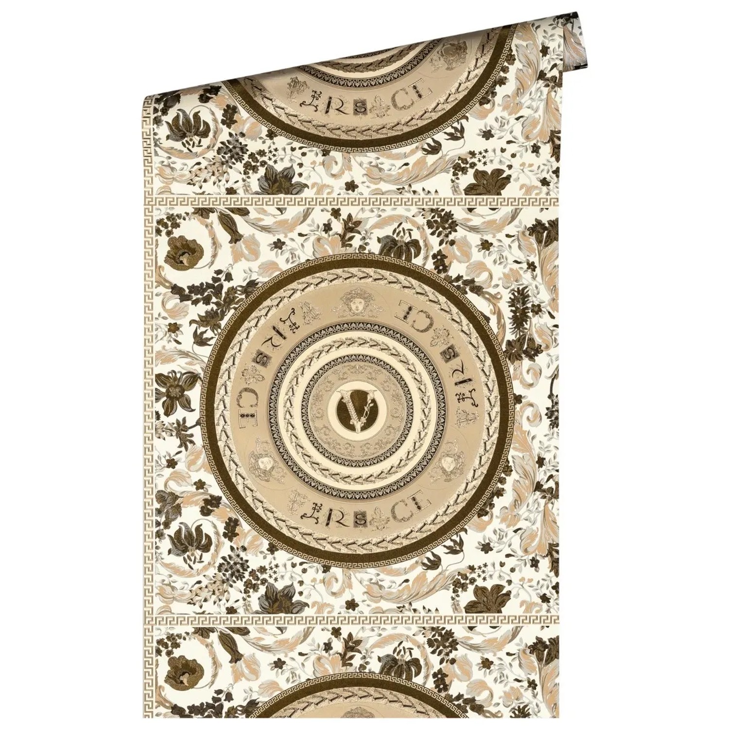 Bricoflor Vliestapete Versace 5 387056 mit Medusa-Muster in Beige und Braun.