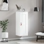 Weißer Hochglanz Wandschrank aus Holzwerkstoff, 34,5x90 cm, mit Kunstledergriff im modernen Wohnzimmer.