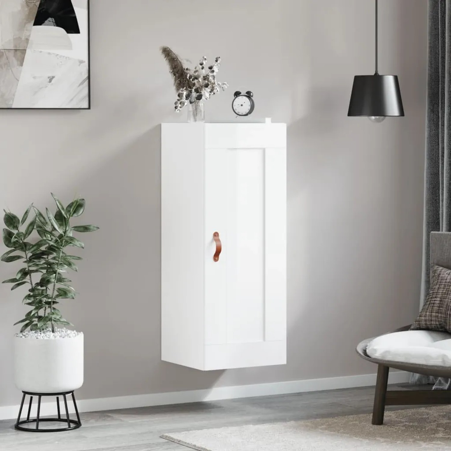 Weißer Hochglanz Wandschrank aus Holzwerkstoff, 34,5x90 cm, mit Kunstledergriff im modernen Wohnzimmer.