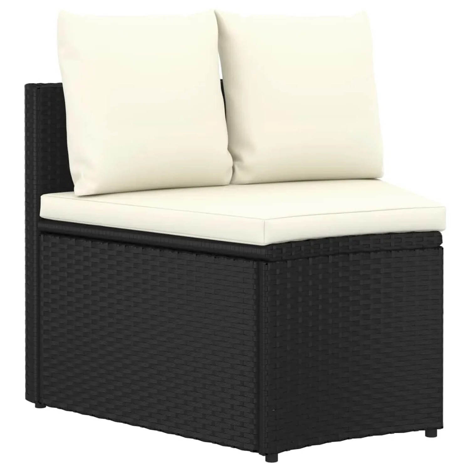 Schwarzes Poly Rattan Sofa Element mit cremefarbenen Auflagen für die Garten-Sofagarnitur.