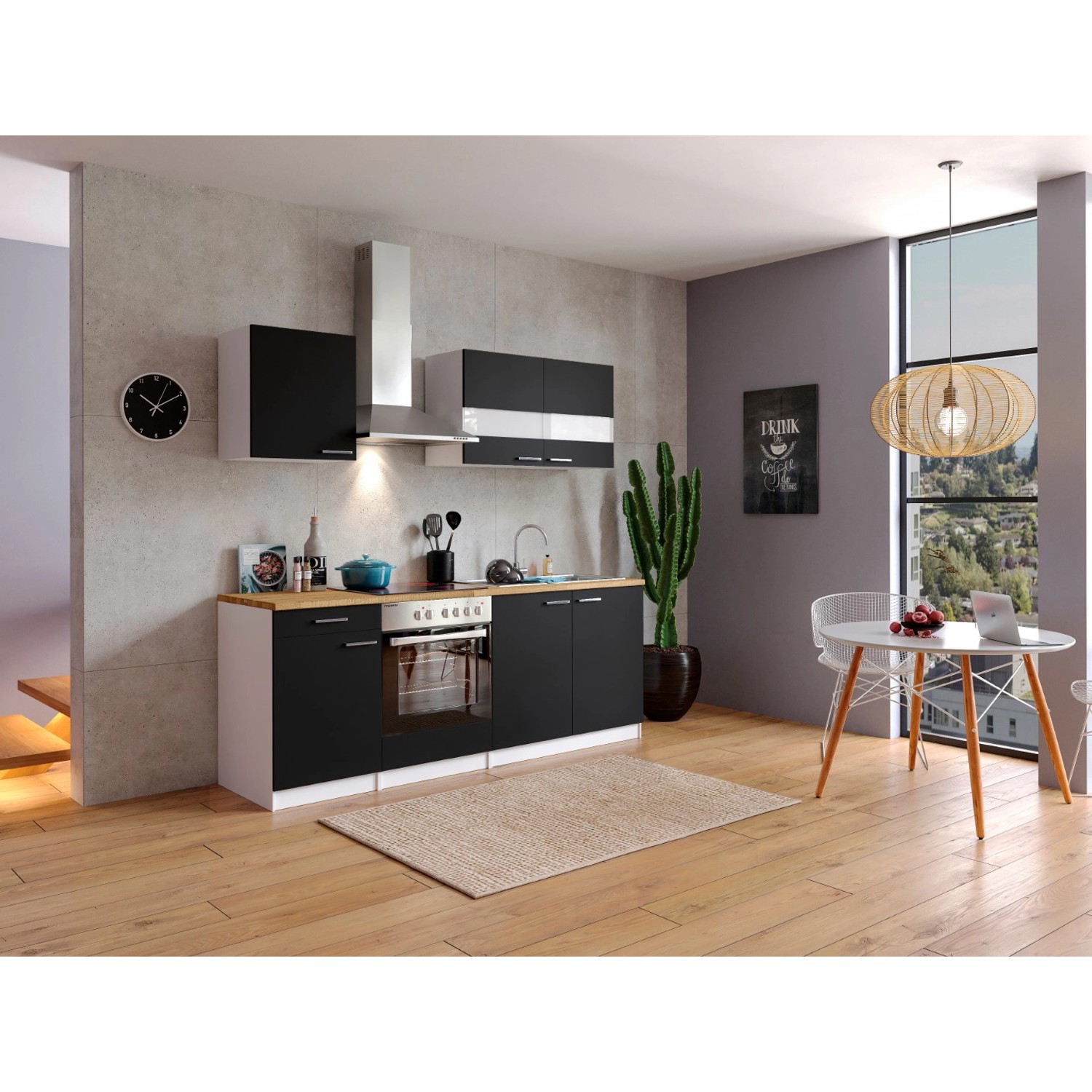 Respekta Küchenzeile/Küchenblock KB210WSC 210 cm Schwarz-Weiß