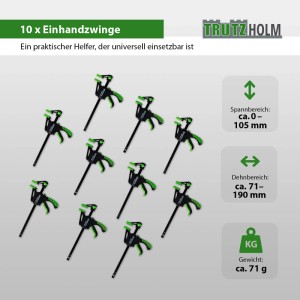 10 TRUTZHOLM Einhandzwingen, Spannweite 105mm, Dehnbereich 190mm, ideal zum Fixieren von Werkstücken.