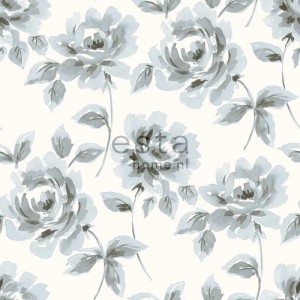 ESTAhome Vliestapete mit Aquarell Rosen in Hellblau und Grau.