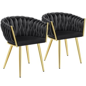2er Set Tectake Esszimmerstühle Astano, schwarz mit goldenen Beinen, Samtbezug und Knotendesign.
