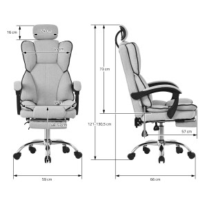 Maße des hellgrauen, ergonomischen ML-Design Bürostuhls mit Beinauflage und verstellbarer Kopfstütze.
