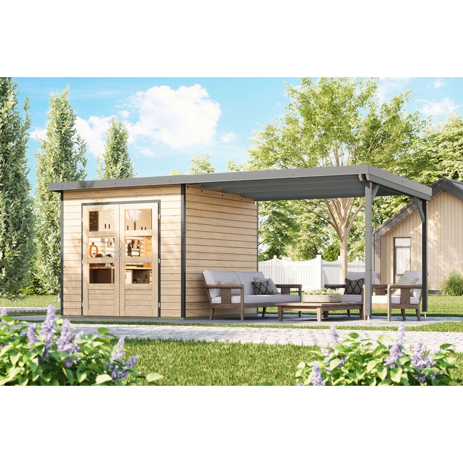 Karibu Gartenhaus Domingo 3 A mit Verlängerung Natur-Grau