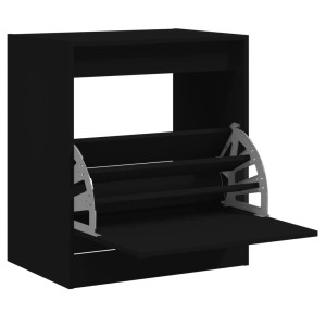 Schwarzer vidaXL Schuhschrank (60x42x69 cm) aus Holzwerkstoff mit offener Klappe und drei Fächern.