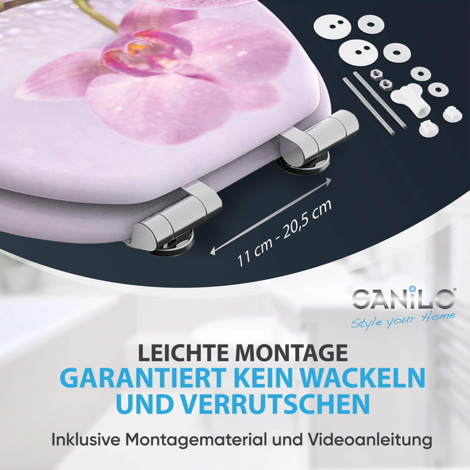 Sanilo WC-Sitz Blooming mit Absenkautomatik, Holz, Orchideen-Design und Montagematerial.