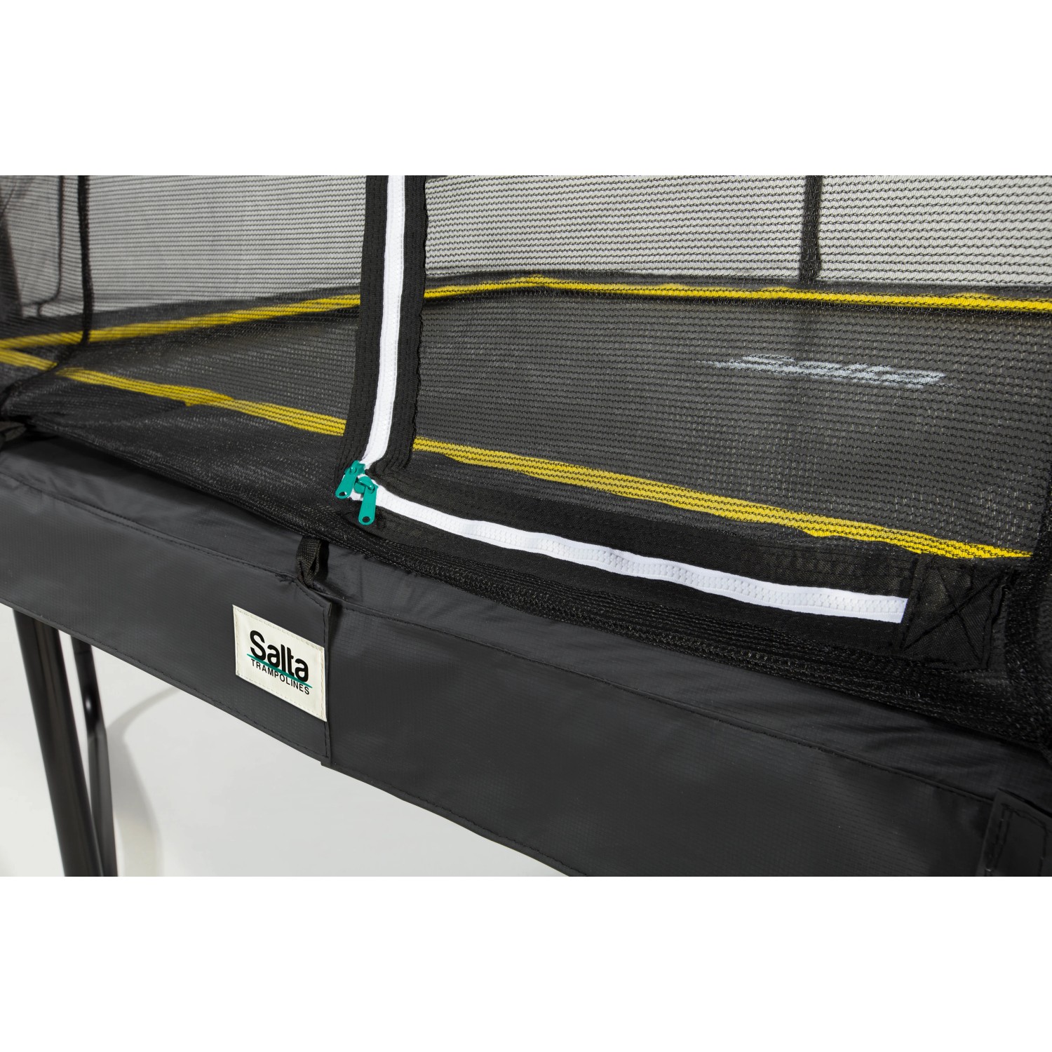 Detailansicht: Schwarzes Salta Comfort Edition Trampolin 214x153 cm mit Sicherheitsnetz.
