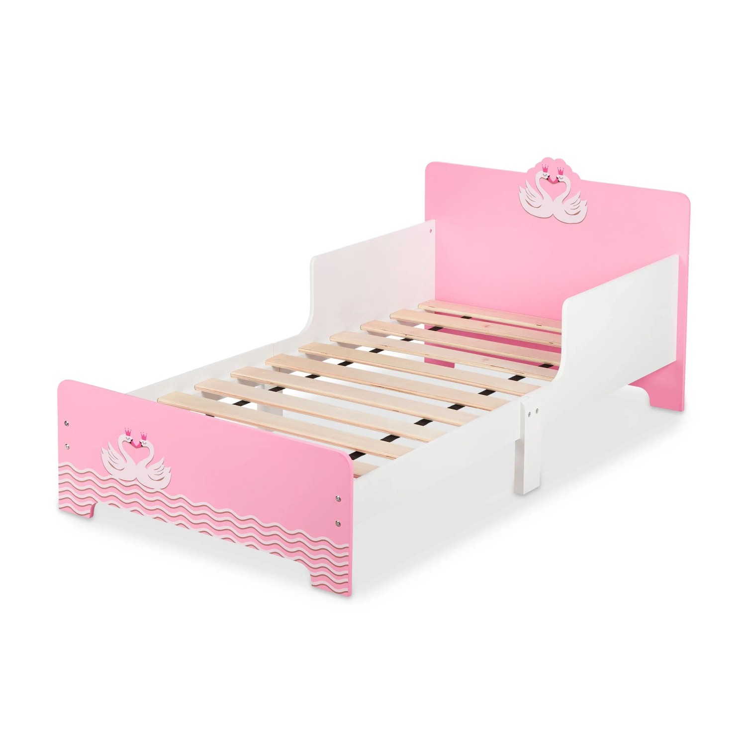 Relaxdays Kinderbett Schwan MDF Holz Weiß Rosa Rausfallschutz 60 cm x 77 cm x 143 cm