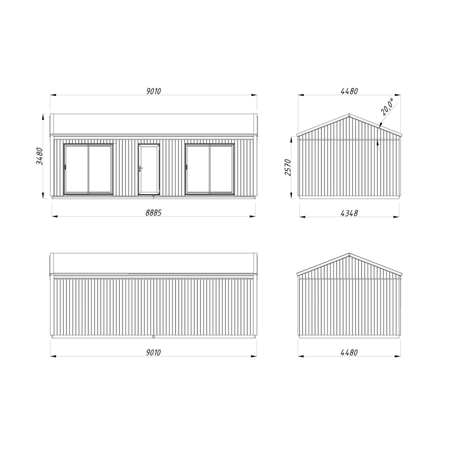 Technische Zeichnung Palmako Holz-Gartenhaus mit Satteldach, Maße 901x448 cm.