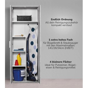 Mokebo Besenschrank in Grau mit Putzmitteln, Staubsauger und Bügelbrett. Büroschrank für mehr Ordnung.