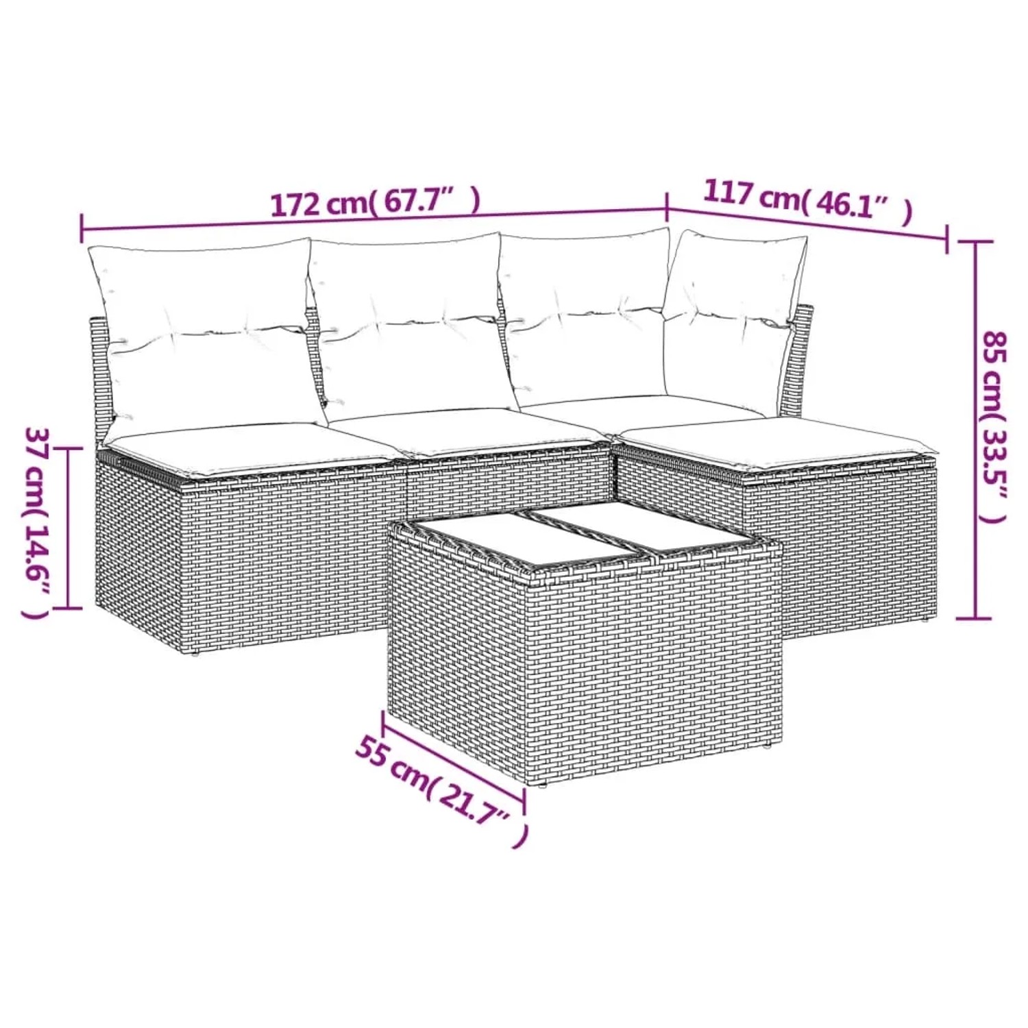 Beige 5-tlg. Garten-Sofagarnitur aus Poly Rattan mit Kissen und Tisch, ideal für Terrasse und Garten.