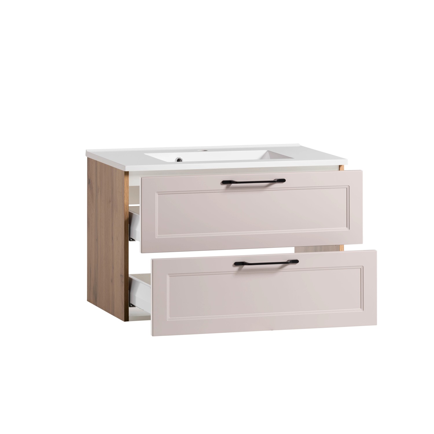 Held Möbel Waschtisch Padua 80 cm in Kaschmir-Wotaneiche mit Mineralgussbecken und zwei Auszügen.