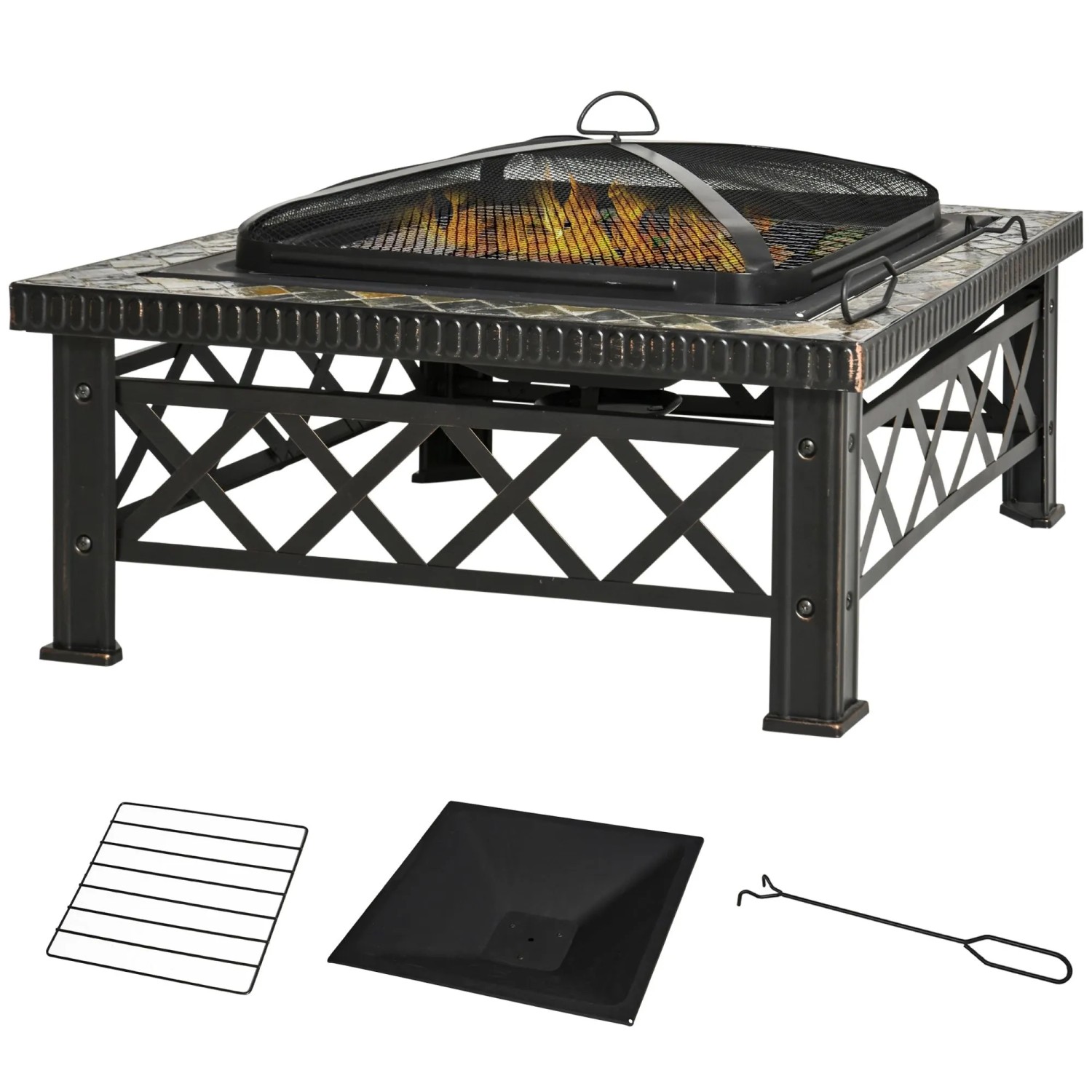 Furnicato 3-in-1 Feuerschale Mit Funkenschutz Grillrost Eiskübel 76x76x47cm Schwarz