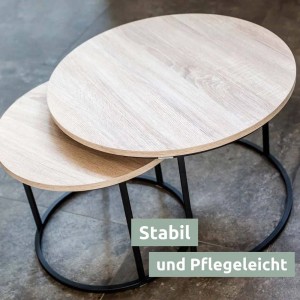 Holz4home Couchtisch 2er Set in Sonoma Eiche mit schwarzem Metallgestell.