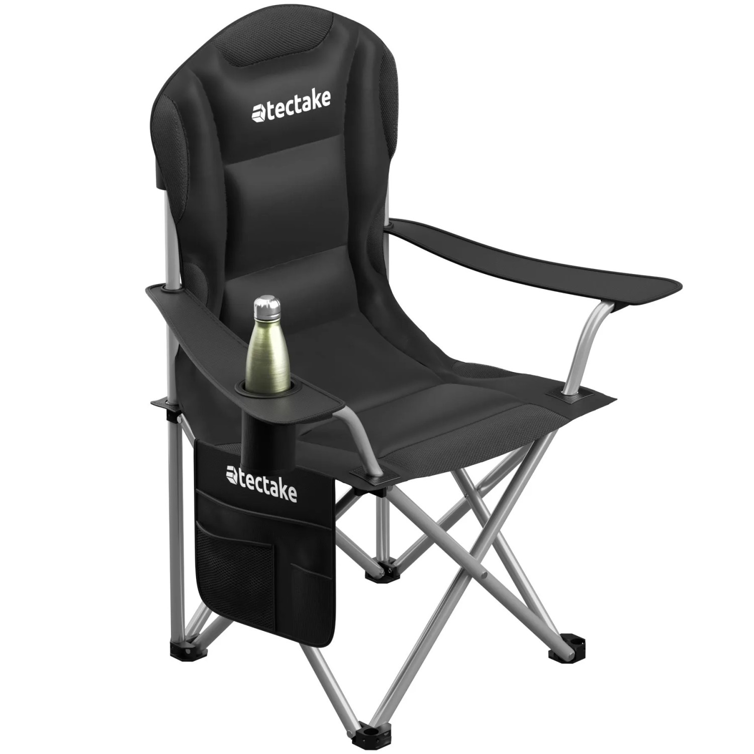 Tectake Gepolsterter Campingstuhl Mtx Faltbar  Inkl  Tragetasche Mit Getränkehalter und Seitentasche  55 x 88 50 x 103 cm Schwarz