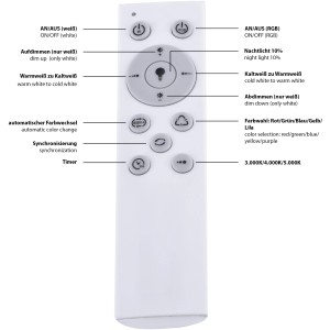 Fernbedienung für LED-Deckenleuchte Luisa: Weiß, mit Tasten für Farbtemperatur, RGB und Timer.