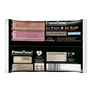 Pawsome Katzen-Nassfutter Senior Mixpack Kalb & Pute, 4x85g Packung.