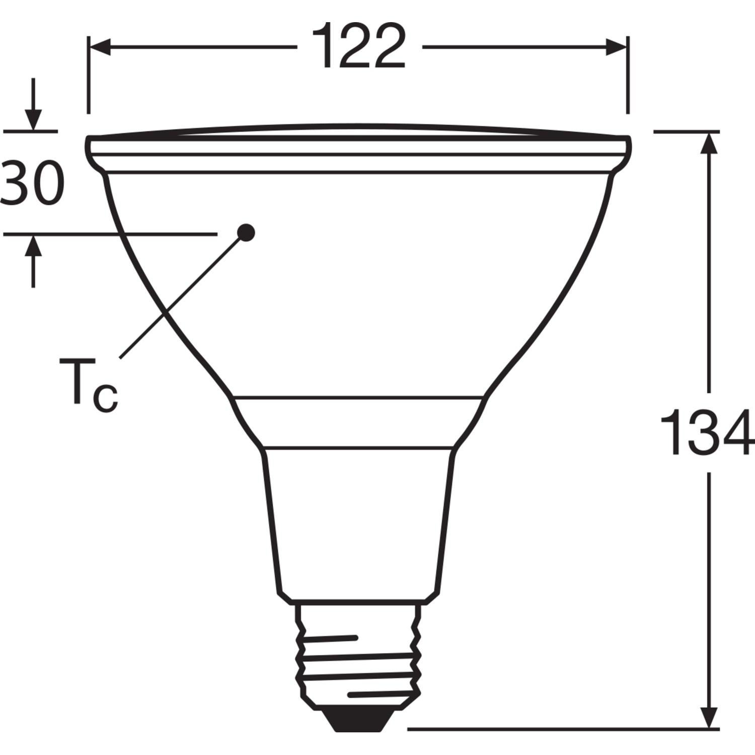 Technische Zeichnung LEDVANCE E27 LED Leuchtmittel, 13,5 W, Maße: 122x134 mm.