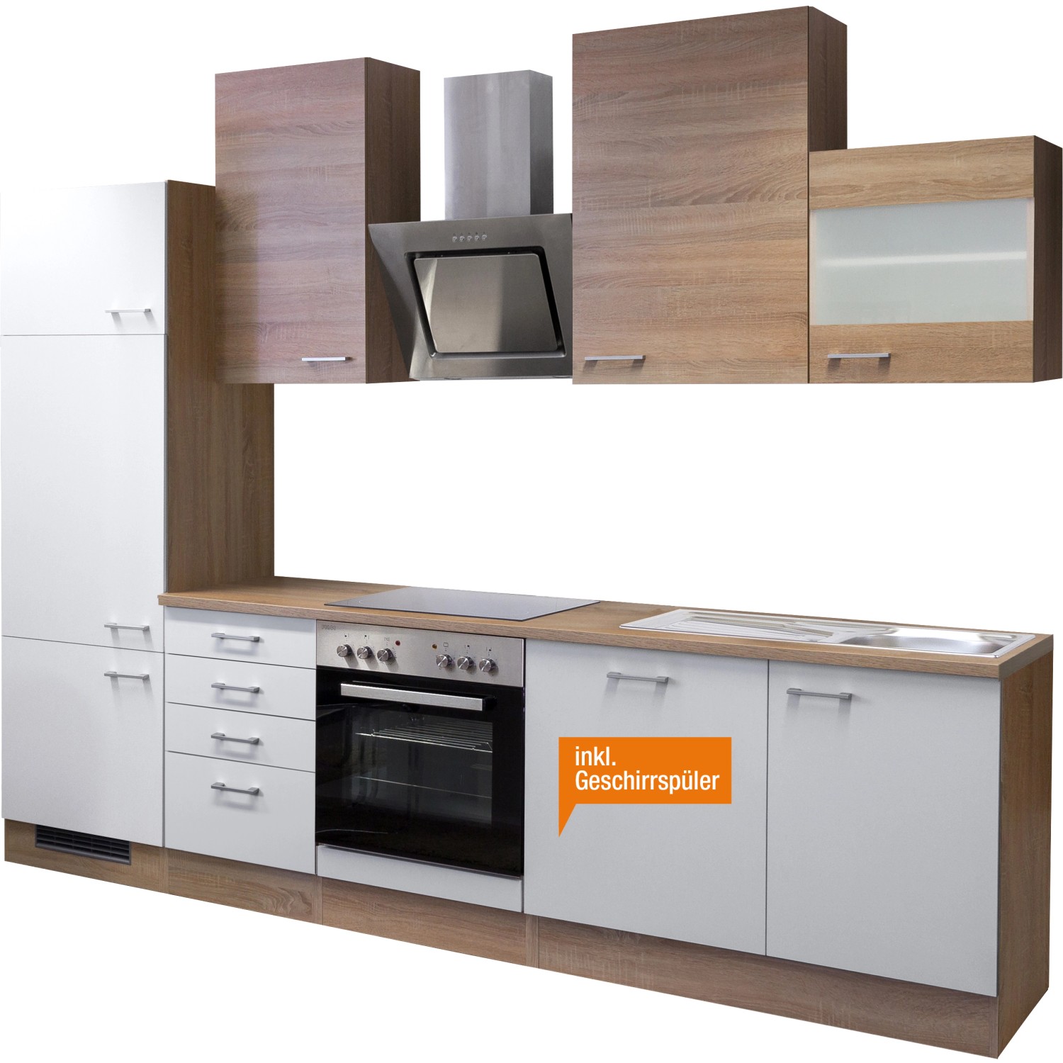 Flex-Well Küchenzeile Florida 280 cm in Sonoma Eiche/Weiß mit E-Geräten und Spüle.