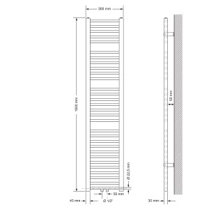 Technische Zeichnung: Weißer LuxeBath Badheizkörper, 300x1800 mm, gerade, mit Eck-Anschlussgarnitur.