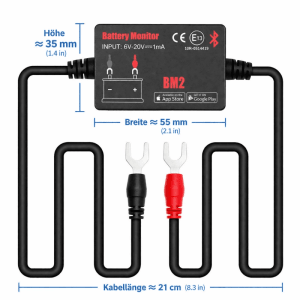 Schwarzer FNIRSI BM2 Batteriemonitor mit roten/schwarzen Kabeln, Spatenklemmen, Bluetooth & App-Logos. Maße: 35x55mm.