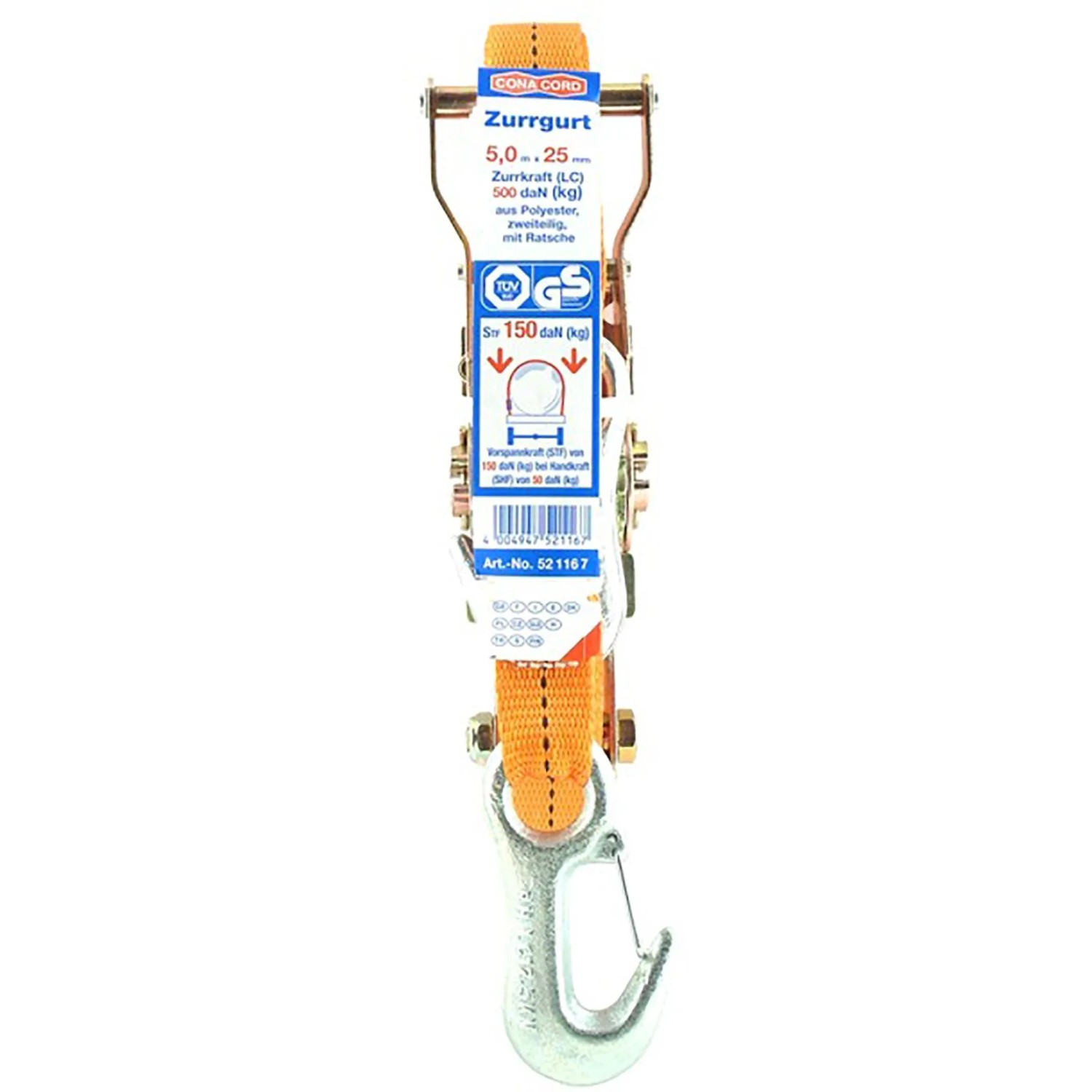 Conacord Spanngurt Pro, blau, 5 m lang, mit Ratsche und 2 Haken.