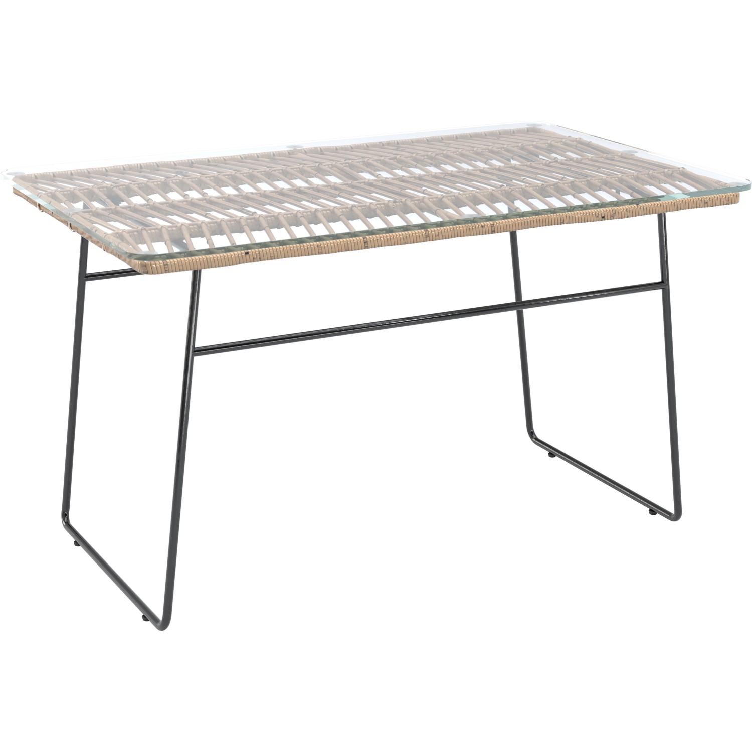 Tisch aus dem 4-teiligen Lounge-Set Udima: Rattan-Tisch mit Glasplatte und schwarzem Metallgestell.